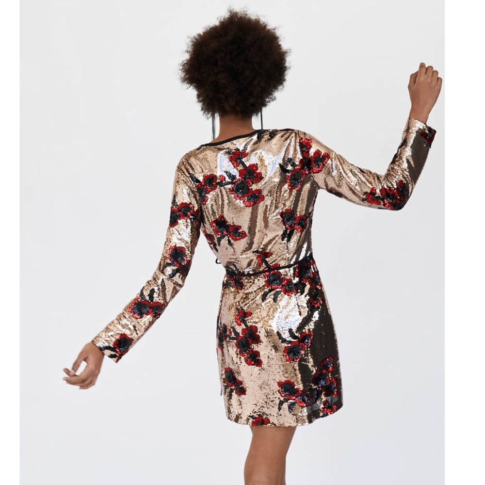 Embroidered Floral Sequin Wrap Dress